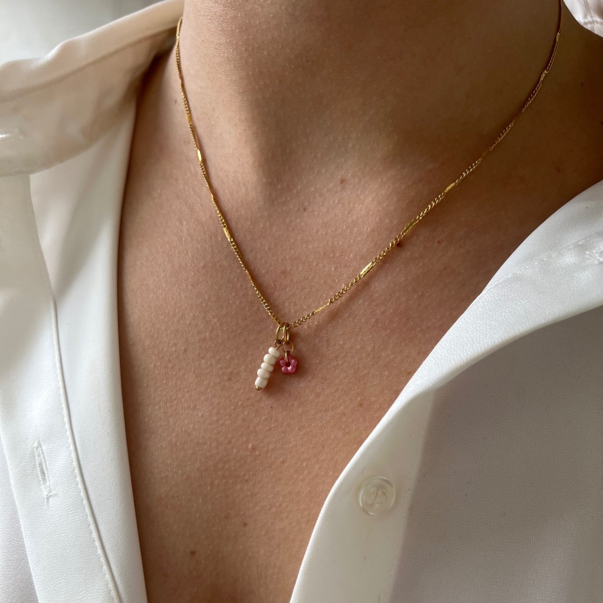 Signet Necklace Little Coral Pink Flower - ByNouck Jewelry Signet Necklace Little Coral Pink Flower - ByNouck Jewelry